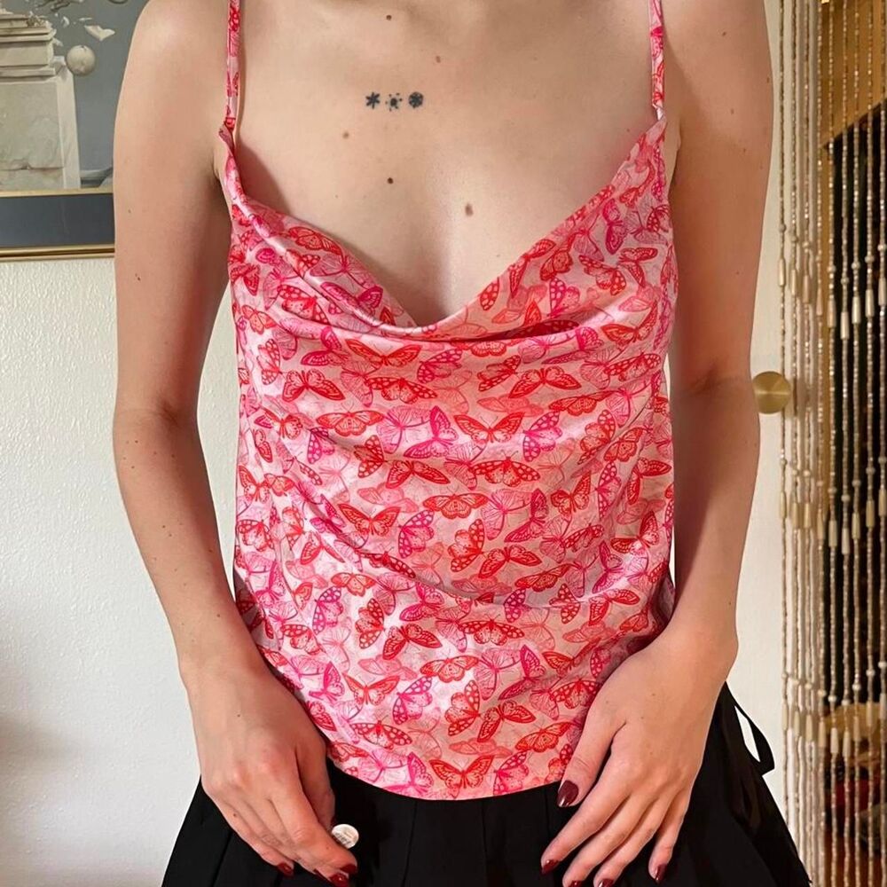 Pink Butterfly Cowl Neck Camisole Size XS Barbie y2k Cute